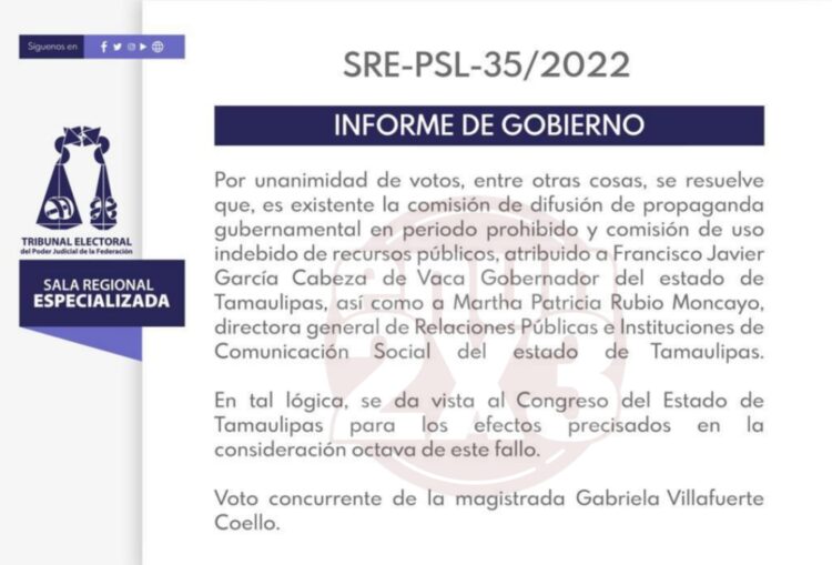 Ordena el Tribunal Federal Electoral al Congreso de Tamaulipas sancionar a CDV por  informes de gobierno