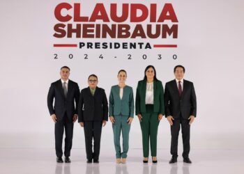 Llegan Delgado y García Harfuch con Sheinbaum; ratifican a Montiel en el gabinete. Foto de X Claudia Sheinbaum