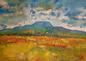Pintura al óleo elaborada en 2019 por el maestro Alejandro Rosales Lugo que representa el Cerro del Aire en Abasolo, Tamaulipas. Colección: José Luis Aguilar Guajardo.